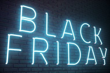 Black Friday - Cuma büyük bir satış ile. Satış, sevinç, başarı. Mavi Glow Neon afiş, indirimler. 3D çizim