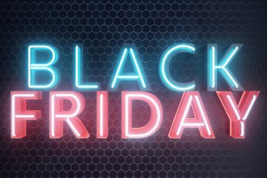 Black Friday - Cuma büyük bir satış ile. Satış, sevinç, başarı. Mavi ve kırmızı kızdırma Neon afiş, indirimler. 3D çizim