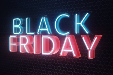 Black Friday - Cuma büyük bir satış ile. Satış, sevinç, başarı. Mavi ve kırmızı kızdırma Neon afiş, indirimler. 3D çizim