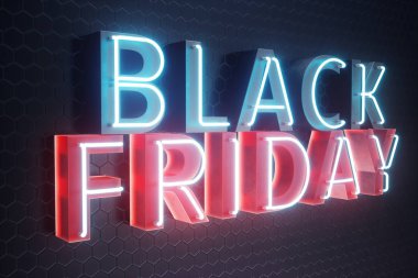 Black Friday - Cuma büyük bir satış ile. Satış, sevinç, başarı. Mavi ve kırmızı kızdırma Neon afiş, indirimler. 3D çizim