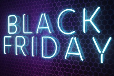 Black Friday - Cuma büyük bir satış ile. Satış, sevinç, başarı. Mavi Glow Neon afiş, indirimler. 3D çizim