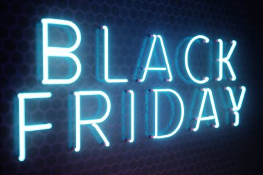 Black Friday - Cuma büyük bir satış ile. Satış, sevinç, başarı. Mavi Glow Neon afiş, indirimler. 3D çizim