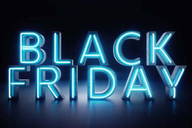 Black Friday - yılın en beklenen satış. Neon mavi 3d afiş. Büyük indirimler. Sadece yılda bir kez, en büyük indirimler. Satış, sevinç, başarı, 3d çizim