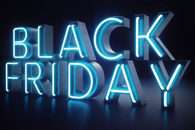 Black Friday - yılın en beklenen satış. Neon mavi 3d afiş. Büyük indirimler. Sadece yılda bir kez, en büyük indirimler. Satış, sevinç, başarı, 3d çizim