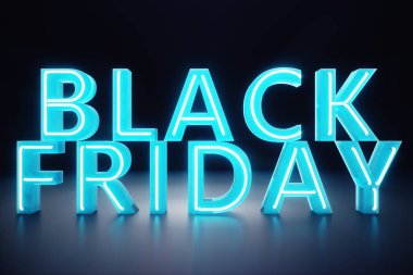 Black Friday - yılın en beklenen satış. Neon mavi 3d afiş. Büyük indirimler. Sadece yılda bir kez, en büyük indirimler. Satış, sevinç, başarı, 3d çizim