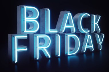 Black Friday - yılın en beklenen satış. Neon mavi 3d afiş. Büyük indirimler. Sadece yılda bir kez, en büyük indirimler. Satış, sevinç, başarı, 3d çizim