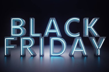 Black Friday - yılın en beklenen satış. Neon mavi 3d afiş. Büyük indirimler. Sadece yılda bir kez, en büyük indirimler. Satış, sevinç, başarı, 3d çizim