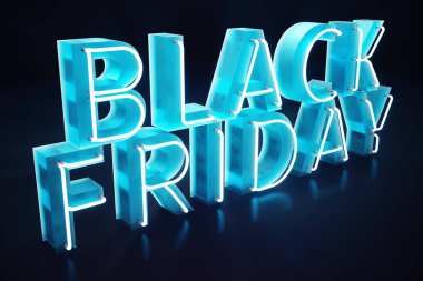 Black Friday - yılın en beklenen satış. Neon mavi 3d afiş. Büyük indirimler. Sadece yılda bir kez, en büyük indirimler. Satış, sevinç, başarı, 3d çizim