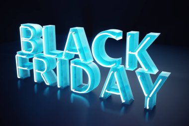 Black Friday - yılın en beklenen satış. Neon mavi 3d afiş. Büyük indirimler. Sadece yılda bir kez, en büyük indirimler. Satış, sevinç, başarı, 3d çizim