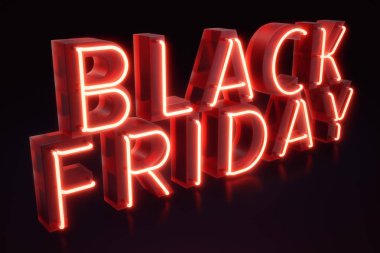 Black Friday - yılın en beklenen satış. Neon kırmızı 3d afiş. Büyük indirimler. Sadece yılda bir kez, en büyük indirimler. Satış, sevinç, başarı, 3d çizim