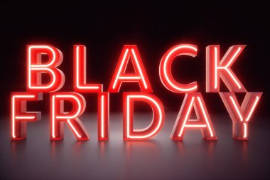Black Friday - yılın en beklenen satış. Neon kırmızı 3d afiş. Büyük indirimler. Sadece yılda bir kez, en büyük indirimler. Satış, sevinç, başarı, 3d çizim