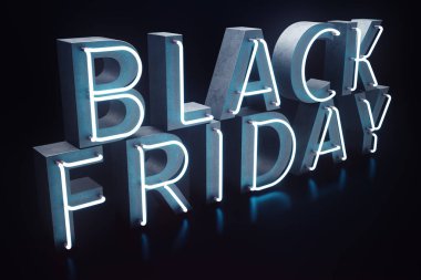 Black Friday - yılın en beklenen satış. Neon mavi 3d afiş. Büyük indirimler. Sadece yılda bir kez, en büyük indirimler. Satış, sevinç, başarı, 3d çizim