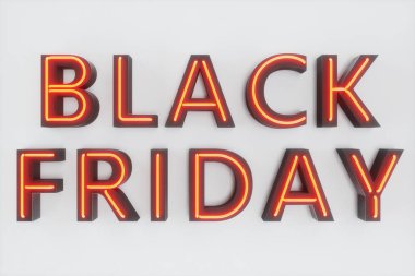 Black Friday - yılın en beklenen satış. Neon kırmızı 3d afiş. Büyük indirimler. Sadece yılda bir kez, en büyük indirimler. Satış, sevinç, başarı, 3d çizim