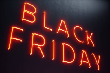 Black Friday - yılın en beklenen satış. Neon kırmızı 3d afiş. Büyük indirimler. Sadece yılda bir kez, en büyük indirimler. Satış, sevinç, başarı, 3d çizim