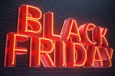 Black Friday - Cuma büyük bir satış ile. Satış, sevinç, başarı Neon kırmızı afiş, indirimler, 3d çizim