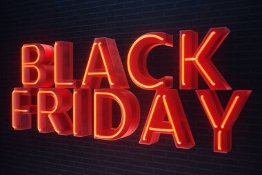 Black Friday - Cuma büyük bir satış ile. Satış, sevinç, başarı Neon kırmızı afiş, indirimler, 3d çizim