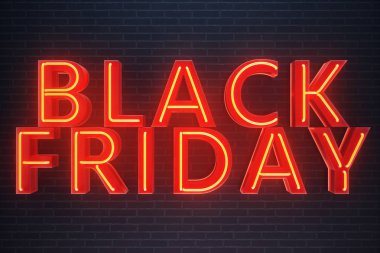 Black Friday - Cuma büyük bir satış ile. Satış, sevinç, başarı Neon kırmızı afiş, indirimler, 3d çizim