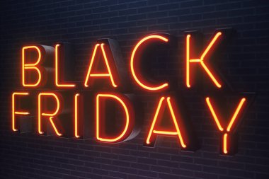 Black Friday - Cuma büyük bir satış ile. Satış, sevinç, başarı Neon kırmızı afiş, indirimler, 3d çizim