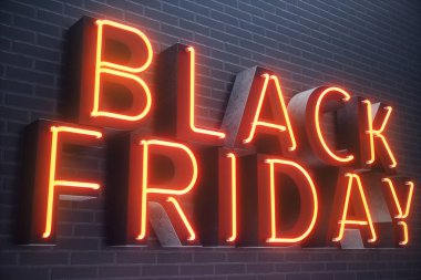 Black Friday - Cuma büyük bir satış ile. Satış, sevinç, başarı Neon kırmızı afiş, indirimler, 3d çizim