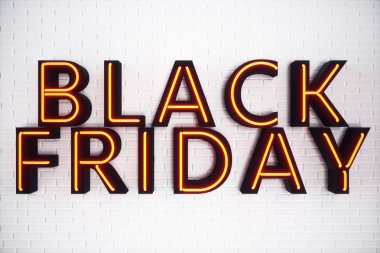 Black Friday - yılın en beklenen satış. Neon kırmızı 3d afiş. Büyük indirimler. Sadece yılda bir kez, en büyük indirimler. Satış, sevinç, başarı. 3D çizim