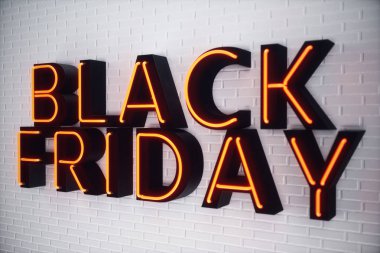 Black Friday - yılın en beklenen satış. Neon kırmızı 3d afiş. Büyük indirimler. Sadece yılda bir kez, en büyük indirimler. Satış, sevinç, başarı. 3D çizim