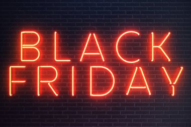 Black Friday - yılın en beklenen satış. Neon kırmızı 3d afiş. Büyük indirimler. Sadece yılda bir kez, en büyük indirimler. Satış, sevinç, başarı, 3d çizim