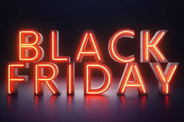 Black Friday - yılın en beklenen satış. Neon kırmızı 3d afiş. Büyük indirimler. Sadece yılda bir kez, en büyük indirimler. Satış, sevinç, başarı, 3d çizim