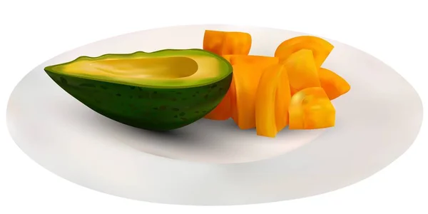 Reális zöld avokádó és a sárga paradicsom egy tányérra. Vektoros illusztráció. Avokádó egzotikus egzotikus gyümölcs örökzöld növények. Sárga paradicsom a leg--bb értékes zöldség — Stock Vector