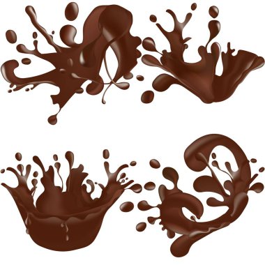 Beyaz arka plan üzerinde izole gerçekçi çikolata sıçramalarına kümesi. Vektör çizim