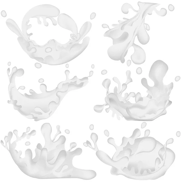Set di spruzzi di latte realistici isolati su uno sfondo bianco. Illustrazione vettoriale — Vettoriale Stock