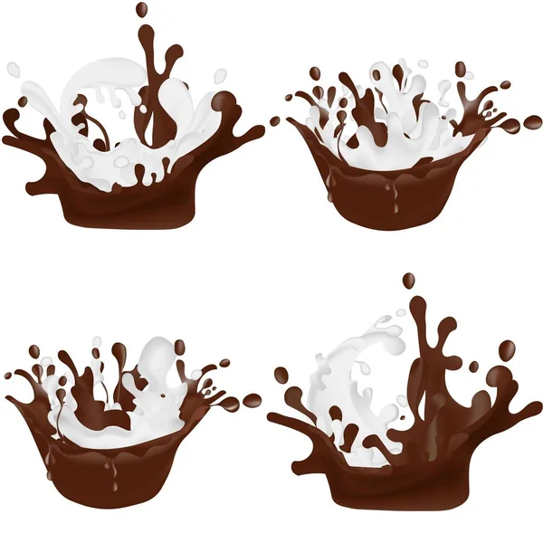 Set of realistic chocolate and milk splashes isolated on white background. Vector illustration — Stock Vector