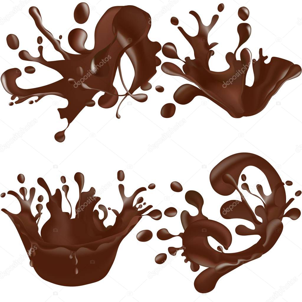 Set of realistic chocolate splashes isolated on white background. Vector illustration