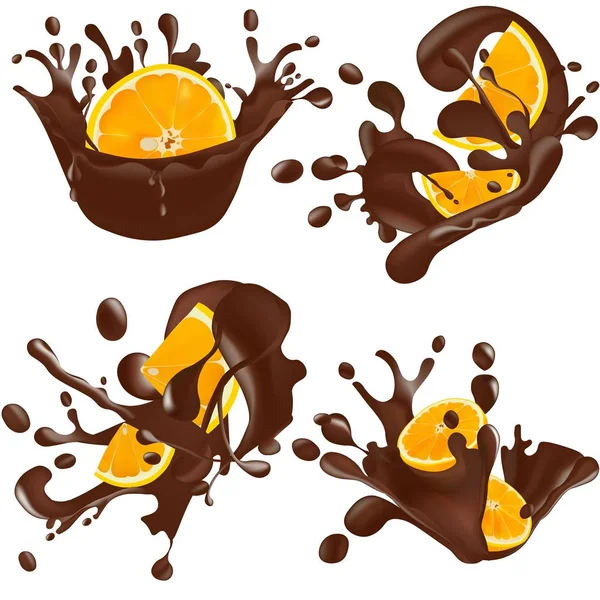 Ensemble d'éclaboussures de chocolat réalistes avec de l'orange isolé sur fond blanc. Illustration vectorielle — Image vectorielle