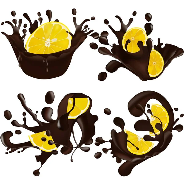 Conjunto de salpicos de chocolate realistas juntos limão isolado em um fundo branco. Ilustração vetorial. Limão em chocolate — Vetor de Stock