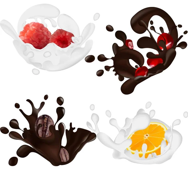 Reális csokoládét és tejet fröccsenése elszigetelt fehér background halmaza. Vektoros illusztráció. Narancs, gránátalma, málna, csokoládé, kávé. Gyümölcsök a csokoládés bevonatban — Stock Vector