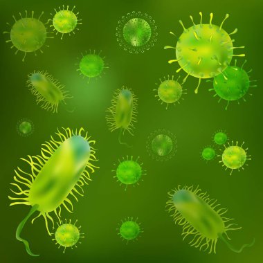 Virüs ve bakterilerin mikroskop altında kümesi. Deneyimsiz kullanıcılar hücresel bulaşıcı. Enfeksiyon ve hücre hastalığı patojen kavramı
