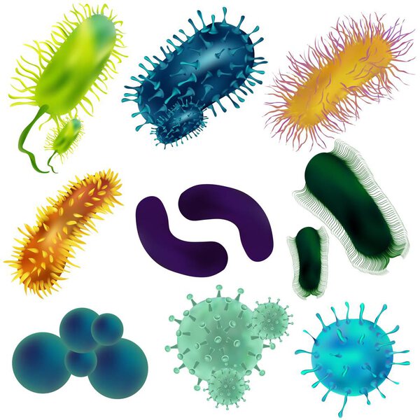 Set of viruses and bacteria isolated against a blom background. Viruses and bacteria under the microscope. Undead cellular infectious agent