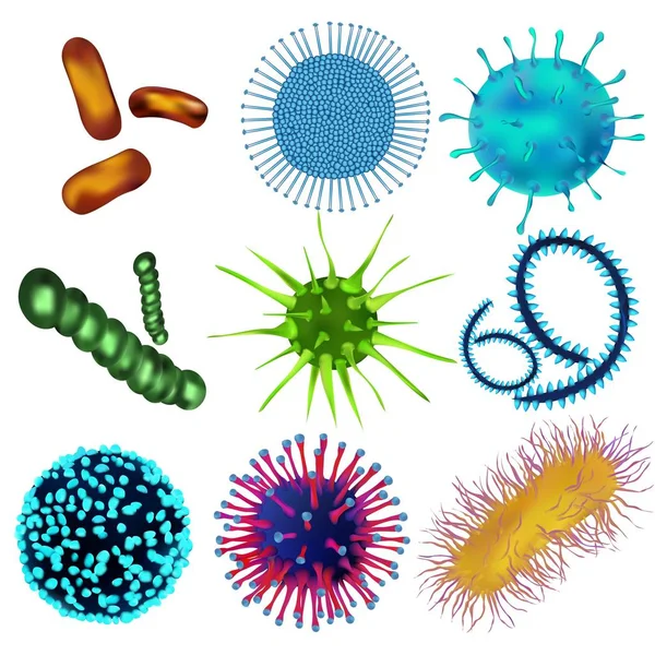 Conjunto de vírus e bactérias isolados contra um fundo blom. Vírus e bactérias ao microscópio. Um agente infeccioso celular não iniciado que pode se multiplicar apenas em outras células —  Vetores de Stock