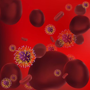 Gerçekçi kırmızı kan hücreleri ile mikroskop altında bir virüs. Bakteri virüs, mikrobiyal hücreleri. Vektör grafikleri. Kan giren virüs
