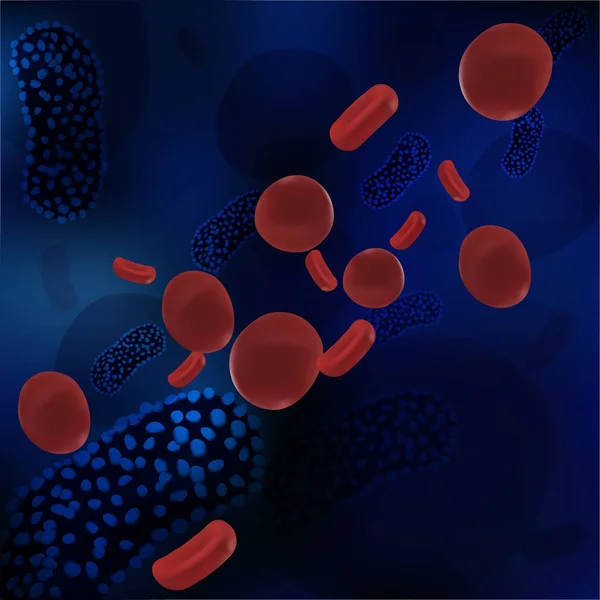 Realistiska röda blodkroppar med ett virus under mikroskopet. Bakterier virus, mikrobiella celler. Vektorgrafik. Virus kommer in i blodet. — Stock vektor