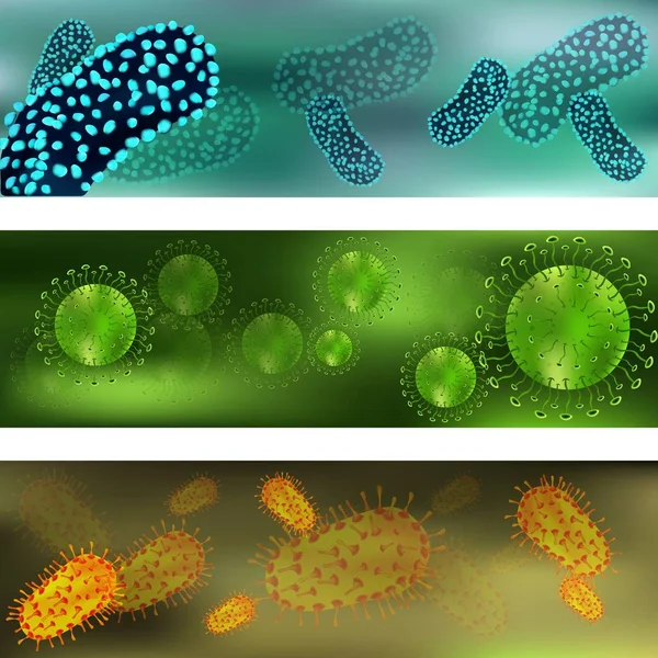 Banner con una serie di virus e batteri. Virus e batteri al microscopio. Virus batterico, cellule microbiche. Infezioni respiratorie acute, raffreddore, SARS, influenza. Illustrazione vettoriale — Vettoriale Stock