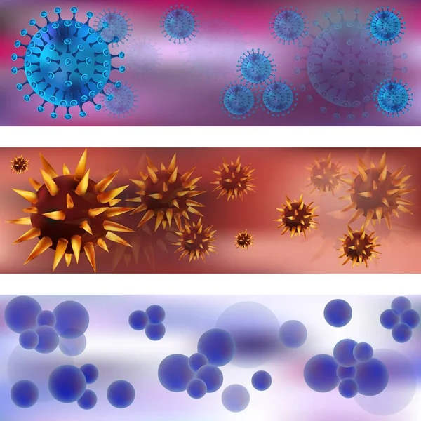 Banner con una serie di virus e batteri. Virus e batteri al microscopio. Virus batterico, cellule microbiche. Infezioni respiratorie acute, raffreddore, SARS, influenza. Illustrazione vettoriale — Vettoriale Stock