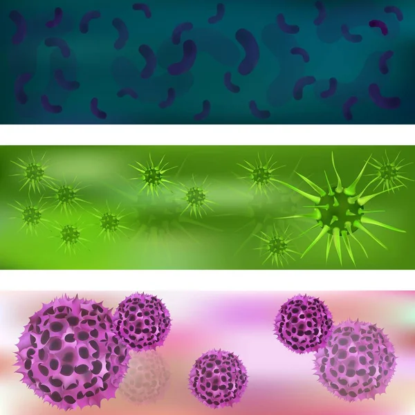 Banner con una serie di virus e batteri. Virus e batteri al microscopio. Virus batterico, cellule microbiche. Infezioni respiratorie acute, raffreddore, SARS, influenza. Illustrazione vettoriale — Vettoriale Stock