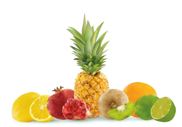 Realistische Früchte auf weißem Hintergrund, Ananas, Zitrone, Kiwi, Limette, Granatapfel, Orange. Vektorgrafik. — Stockvektor