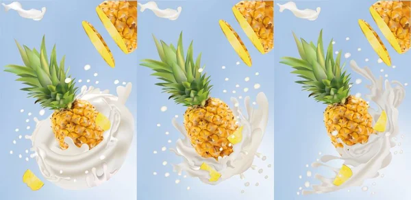 Set van realistische melk spatten samen met ananas geïsoleerd op een witte achtergrond. Vectorillustratie — Stockvector