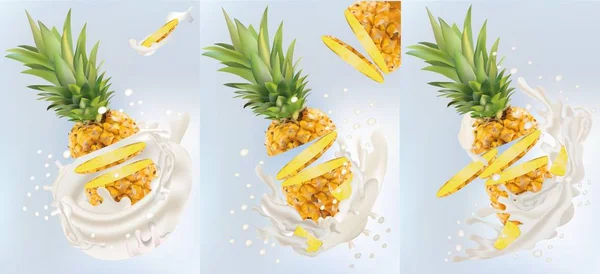 Uppsättning av realistiska mjölk stänk tillsammans med ananas isolerad på vit bakgrund. Vektorillustration — Stock vektor