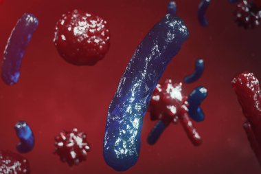 Arka plan virüs. Bilim ve tıp, vücudunda bağışıklık azaltılması kavramı. Grip virüsü, hepatit virüsü, canlı organizma enfekte hücreleri. 3D çizim