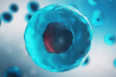 Bilimsel kavram bir canlı organizmanın hücre. İllüstrasyon mavi bir arka plan üzerinde. Moleküler seviyede bir mikroskop altında hücre yapısı. şifreli Dna hücre. 3D çizim