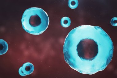 Bilimsel kavram bir canlı organizmanın hücre. İllüstrasyon mavi bir arka plan üzerinde. Moleküler seviyede bir mikroskop altında hücre yapısı. şifreli Dna hücre. 3D çizim