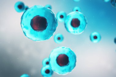 Bilimsel kavram bir canlı organizmanın hücre. İllüstrasyon mavi bir arka plan üzerinde. Moleküler seviyede bir mikroskop altında hücre yapısı. şifreli Dna hücresinde, 3d çizim